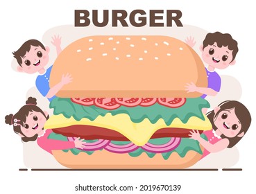 A Child Is Eating Fast Food Background Vector Illustration With Foods For Burger, Pizza, Donuts, French Fries, Hot Dog or Cola. Tasty Image Meal in Flat Style Design