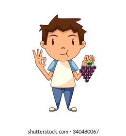 Child eating grapes, vector illustration