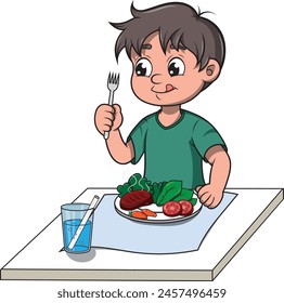 Child eating healthy, sitting at the table eating healthy food for their development, eating both meats and vegetables and drinking pure water.