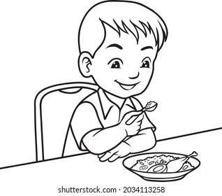 child is eating  line vector illustration isolated on white background