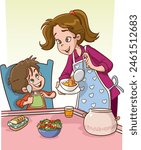 child eating and mother serving table.Mom feeding baby boy. Healthy food.