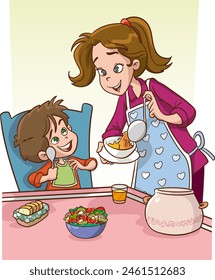 child eating and mother serving table.Mom feeding baby boy. Healthy food.