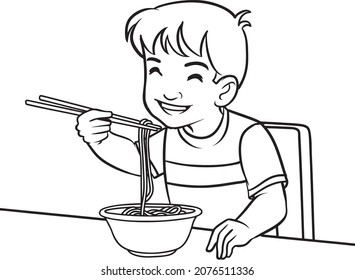 Child Eating Noodles  Line Vector Illustration Isolated On White Background