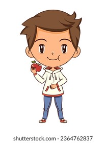 Child eating red apple, touching his stomach, vector illustration