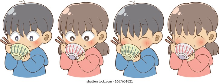 A child eating rice with a bowl