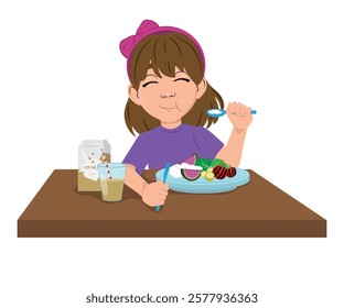 child eating vegan food, little vegetarian girl. healthy food and diet. vector illustration.