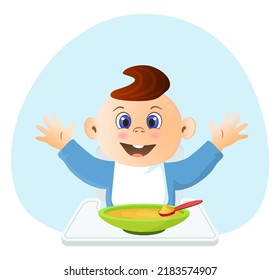 The child eats behind the feeding chair. Vector illustration.