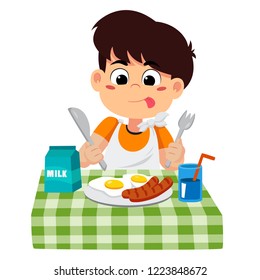 The child eats breakfast that can affect the growth of children ivery much.vector and illustration.