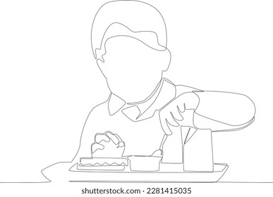 A child eats lunch with gusto. Lunch at school one line drawing