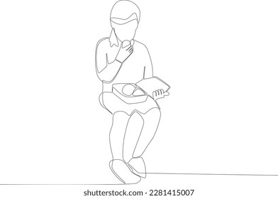 Un niño come el almuerzo de su madre. Almuerzo en la escuela dibujo de una línea
