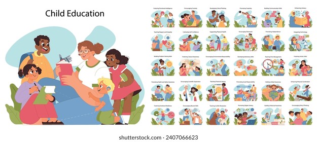 Educación infantil en general. Diversas actividades que dan forma a las habilidades y el carácter de los niños. De la lectura al trabajo en equipo, fomentando el espectro de hitos de desarrollo. Ilustración vectorial plana