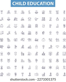 Child education line icons, signs set. Child, education, kindergarten, preschool, tutor, learning, scholar, instructor, primary outline vector illustrations.