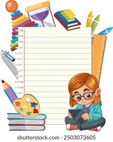 Child with educational supplies and blank notebook