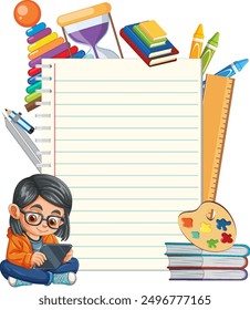 Child with educational supplies and blank notepad