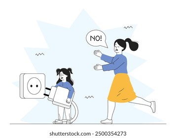 Child with electrical socket. Mother tries to stop her daughter putting plug into socket. Careless and dangerous behavior of girl. Linear vector illustration isolated on white background
