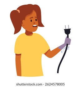 Child electrician wearing protective gloves holding a leaking electrical plug, promoting electrical safety awareness for children