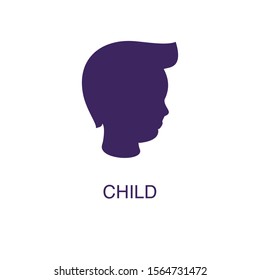 Child element in flat simple style on white background. Child icon, with text name concept template