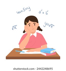 Child elementary school thought about solving theorem from higher mathematics.School education. Vector illustration