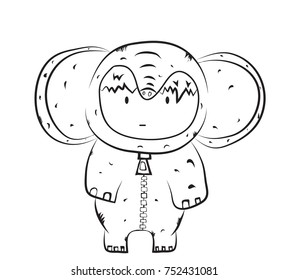 child in an elephant suit, child event, vector image, flat design, Black and White drawing