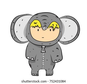 child in an elephant suit, child event, vector image, flat design, colorful drawing