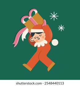 Child elf carrying Christmas present. Santas helper in red hat with snowflakes on green background. Character in costume vintage vector illustration style.