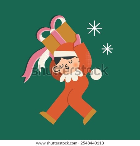 Child elf carrying Christmas present. Santas helper in red hat with snowflakes on green background. Character in costume vintage vector illustration style.