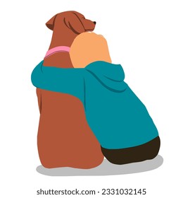 child embraces dog from behind while sitting, Flat vector illustrations isolated on white background.