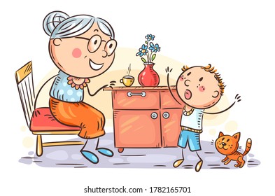 Child emotionally speaking with his granny, grandmother and kid, colorful cartoon illustration
