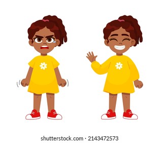 child emotions set. a very angry girl standing in a pose, and Cute happy kid girl raising and waving hands greeting. vector character Illustration.
