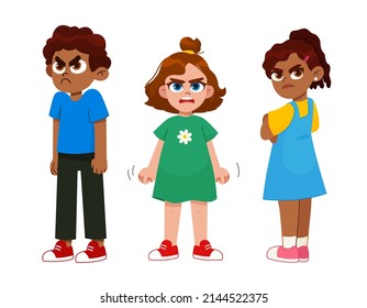 child emotions set. a very angry children, girls and boy standing in a pose. with a disgruntled look on her face. aggressive children 
 vector character Illustration.