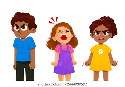 child emotions set. a very angry children, girls and boy standing in a pose. with a disgruntled look on her face. aggressive children vector character Illustration.