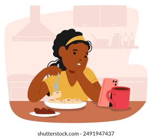 Child Engaged With A Smartphone While Eating Breakfast In A Cozy Home Kitchen Setting. Girl Character Appears Focused On The Device, Highlighting Themes Of Technology Use And Family Mealtime, Vector