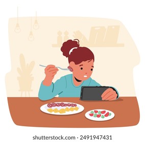 Child Engrossed In Gadget While Eating At The Dining Table. Image Showcases Modern Challenge Of Balancing Screen Time With Mealtime Highlights The Importance Of Family Dining And Digital Device Habits