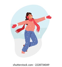 Child Enjoy First Snow. Teen Girl Character Wear Warm Clothes Playing with Falling Snowflakes, Run, Fun and Jump at Winter Time, Childhood, Happiness Concept. Cartoon People Vector Illustration