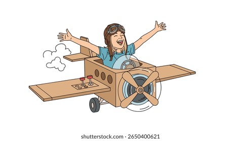 Child enjoys playing with a handmade cardboard airplane dreaming of becoming a pilot