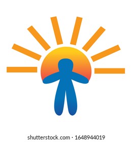 Child enjoys the sun. Vector logo template silhouette person. Abstract illustration with blue and orange colors.