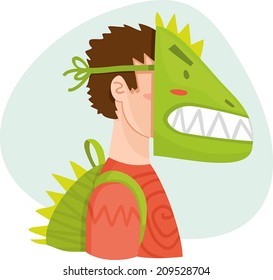child in the evil mask dinosaur ready for school