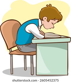 child exhibits bad body posture while reading book at desk, inviting discomfort and possible health problems. student character hunched over, neck tense, shoulders slumped. vector illustration