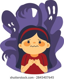 Child experiencing anxiety while facing frightening thoughts and emotional inner turmoil alone.