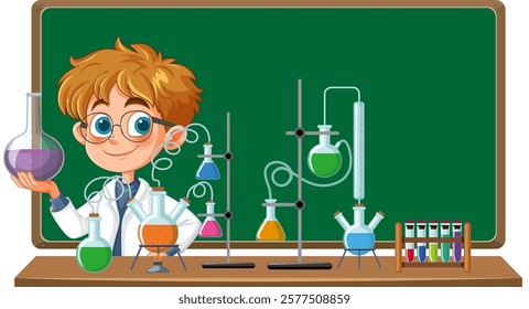 Child experimenting with colorful chemical solutions