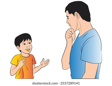 A child is explaining something to the father. Illustration in colors and vector format.