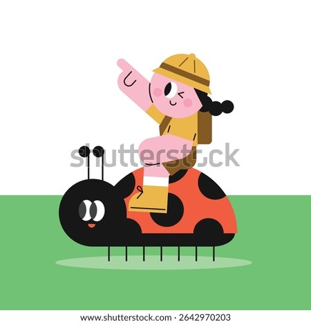 Child explorer riding a ladybug. Forest Experience Children's Education