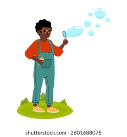 Child exploring bubbles with a magnifying glass in a grassy outdoor setting