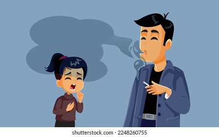 
Child Exposed to Secondhand Smoking Vector Cartoon Illustration. Irresponsible parent smoking a cigarette in front of her daughter
