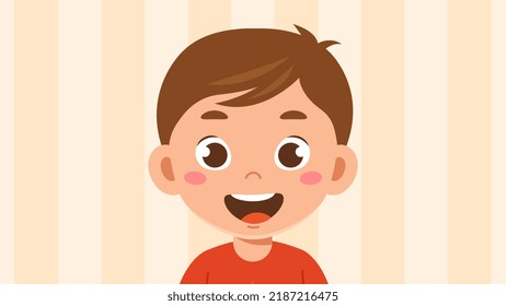 Child expresses different emotions. Portrait of happy positive boy with big smile. Joyful preschooler or teenager laughing and having fun. Design element for print. Cartoon flat vector illustration