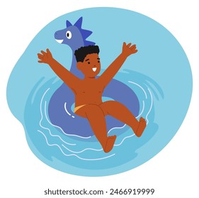 Child Expresses Pure Joy While Playing In A Swimming Pool, Seated On An Inflatable Dinosaur Ring. Vector Image Captures The Essence Of Summer Fun, Excitement And Happiness Of Youthful Water Activities