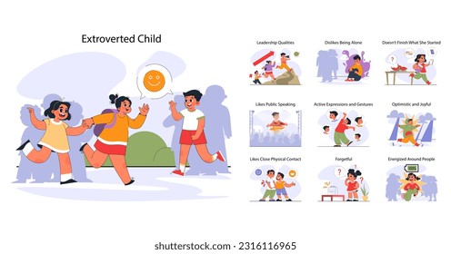 Niño con un conjunto de individualidad extrovertida. Un niño alegre que disfruta de la comunicación con otros. Las cualidades y señales del temperamento activo y expresivo. Ilustración vectorial plana