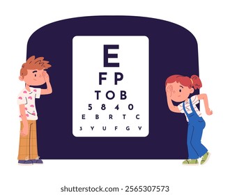 Child eyesight test. Kid eye visual examination at ophthalmologist, children patient eyes optical vision optometry test doctor check sight, kids read letters vector illustration original artwork