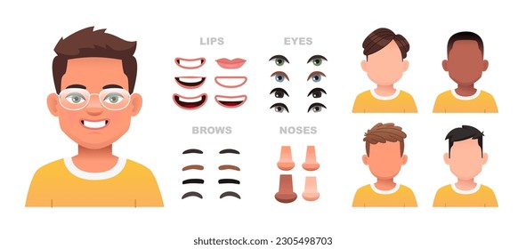 Child face constructor. A set of eyes, noses, eyebrows, lips and hairstyles to create male characters. Facial elements for building a portrait of a little boy. Vector illustration in cartoon style