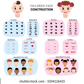 Child face constructor vector kids character of girl or boy avatar creation head lips nose and eyes illustration set of facial elements construction with children hairstyle isolated on background